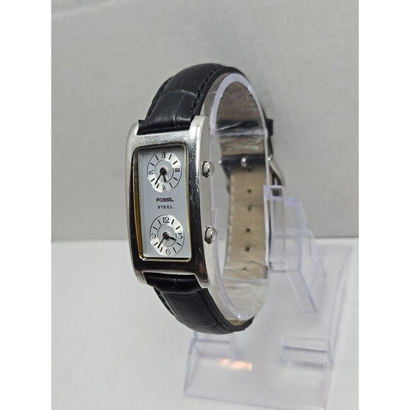 Fossil Steel Dual Time Tank 23mm Watch Silver Black Leather Quartz New Battery - Picture 2 of 13